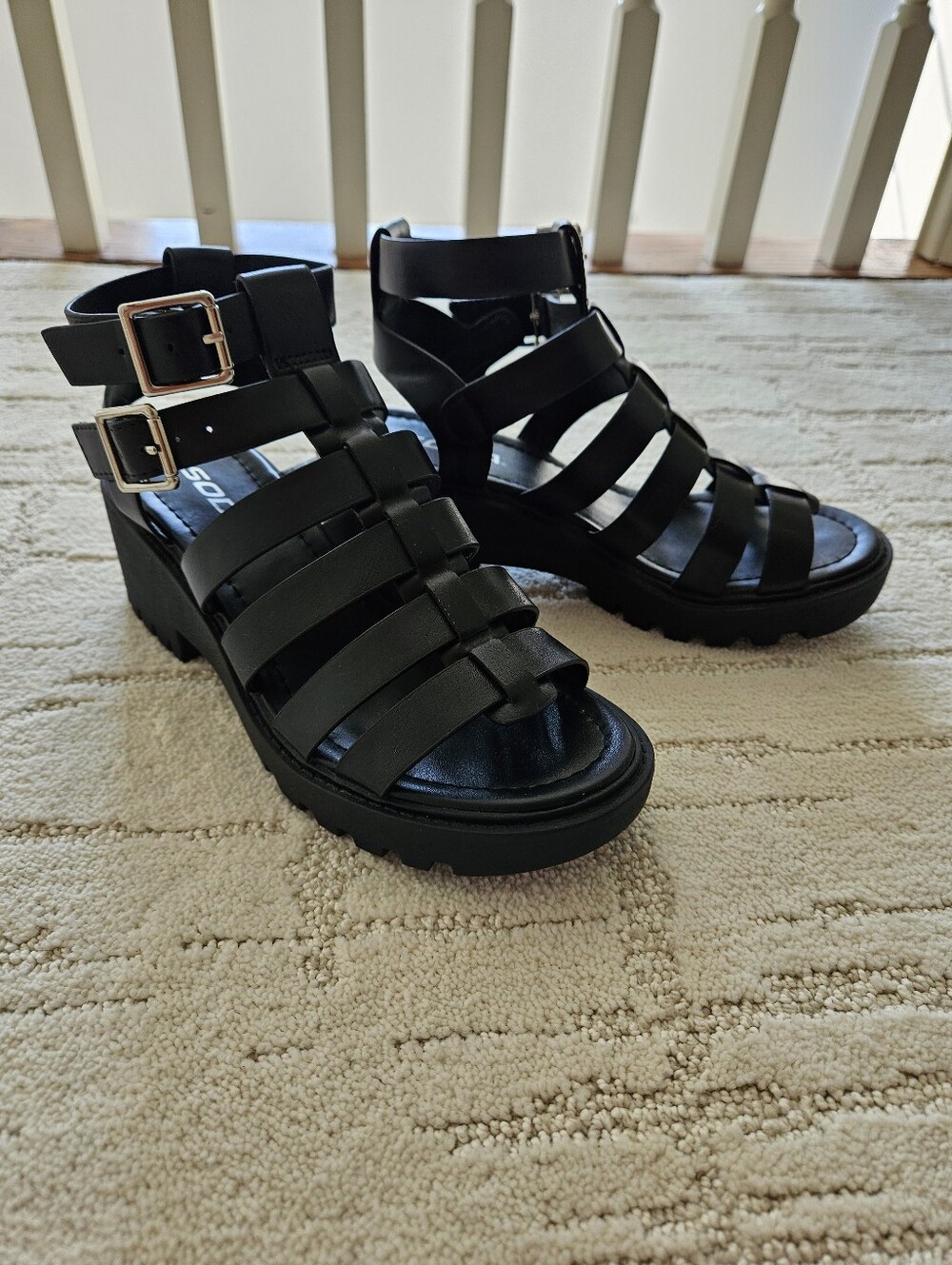 Soda Black Strappy Wedge Sandals with Buckle Detail, Size 6, New Without Tags